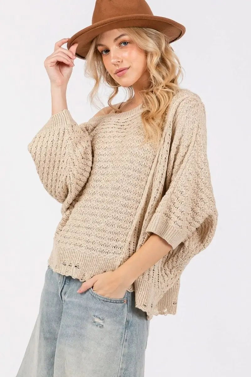SAGE + FIG Distressed Asymmetrical Open Stitch Sweater - Love Salve